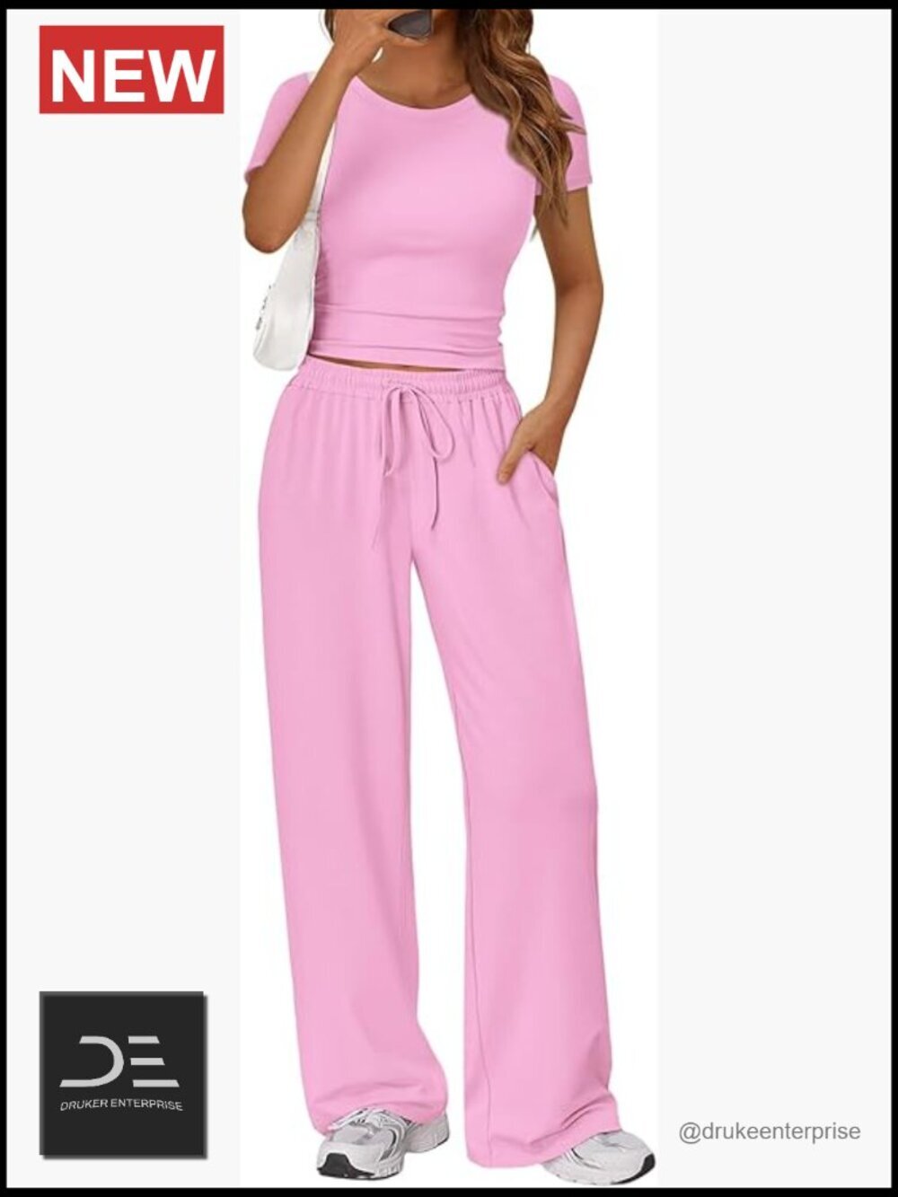 Matching Lounge Set with Side Ruching Top and Wide Leg Pants with Pockets